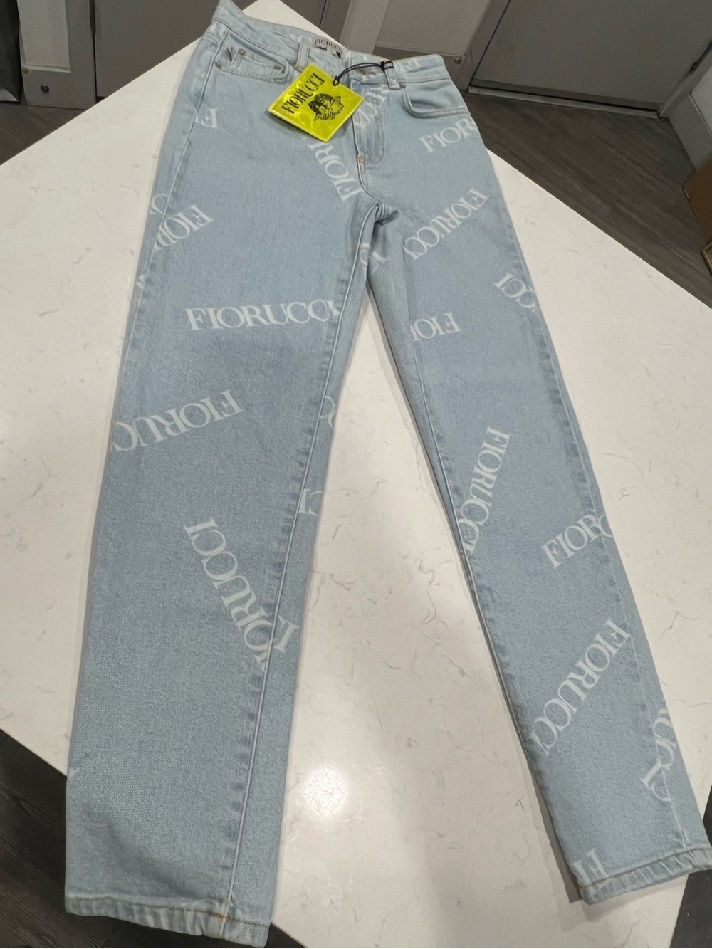 Fiorucci Light Blue Allover Logo Straight-Leg Jeans NWT
